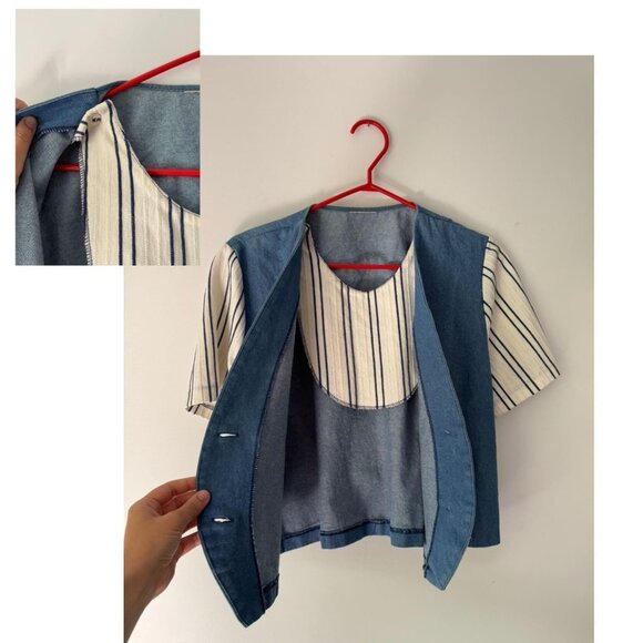 90s vintage blue denim button up vest cottage summer layered short sleeved shirt - Picture 9 of 10
